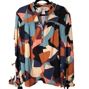 FATE Size 2XL Ruffled Long Sleeve Geometric Pattern Blouse